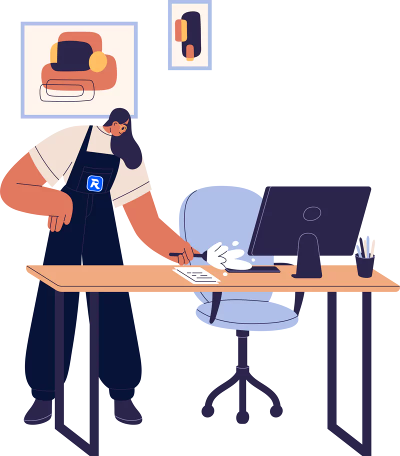 Illustration: Reinigungskraft mit RAMKA-Logo auf der Latzhose entstaubt einen Schreibtisch mit Bildschirm