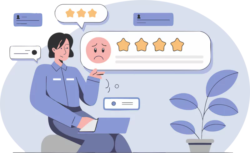 Illustration: Eine Person gibt am Laptop eine Rückmeldung mit Sternen und Kommentaren ab – Sinnbild für das digitale Feedback-Tool.