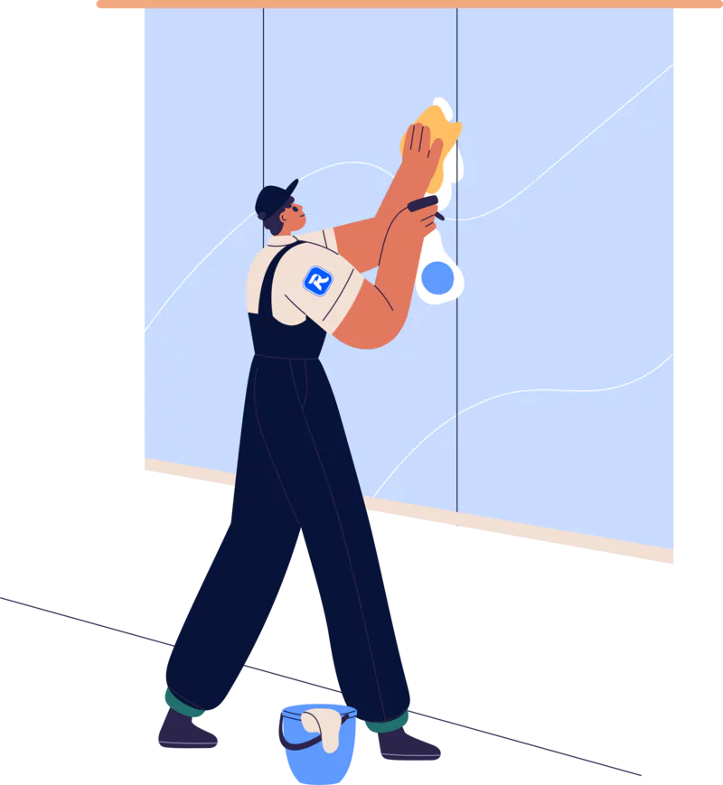 Illustration: Reinigungskraft in RAMKA-Arbeitskleidung reinigt eine große Glasfläche, am Boden steht ein Eimer