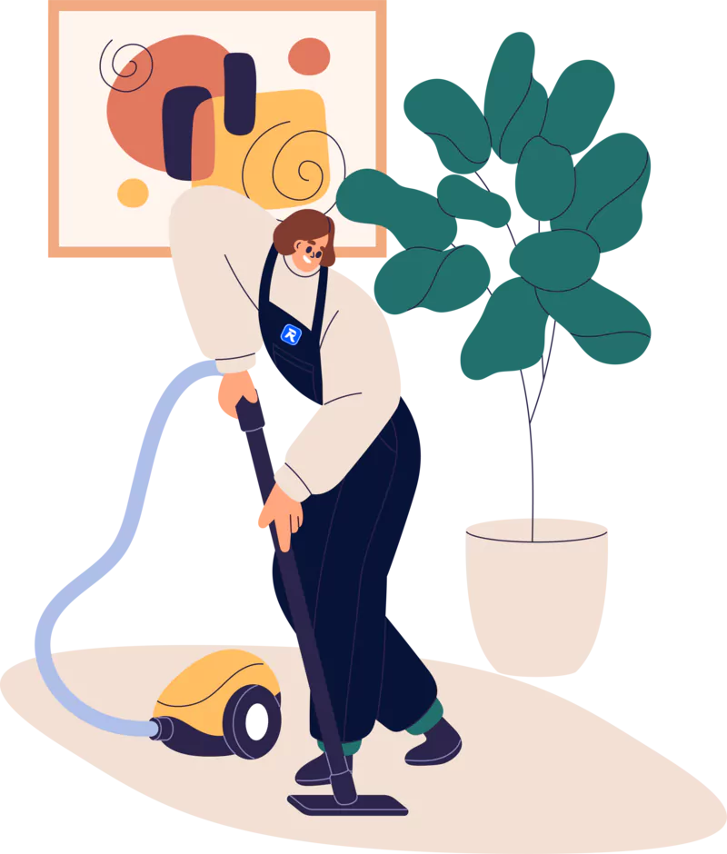Illustration: Reinigungskraft mit RAMKA-Logo saugt in einem Wohnzimmer mit Bild und Zimmerpflanze Staub