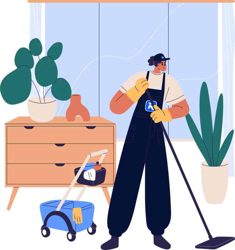 Illustration: Reinigungskraft in RAMKA-Arbeitskleidung wischt den Boden, daneben steht ein Reinigungswagen